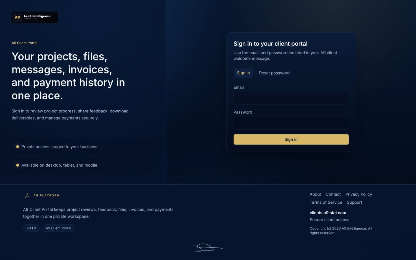 A9 Client Experience live interface preview