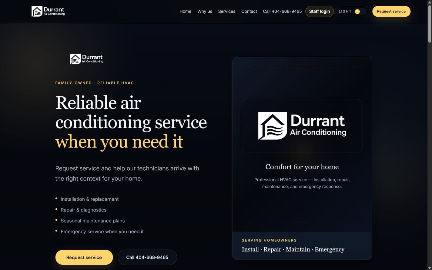 Durrant Air Conditioning live interface preview