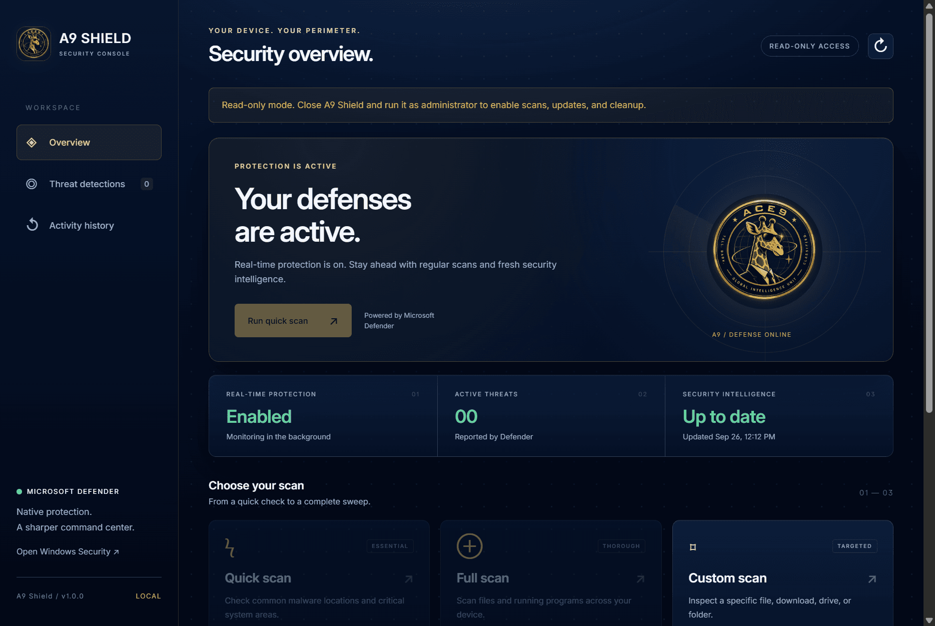 A9 Shield desktop interface